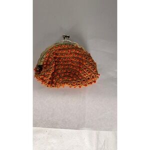 Vintage Crochet Beaded Coin Purse Kiss Lock Brown Orange Boho Change Pouch